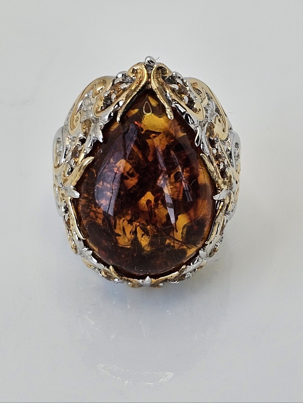 Genuine Amber & Sapphire Ring Palladium Sterling Silver 18K Size 7!